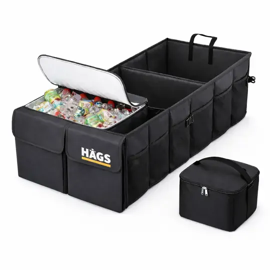 HAEGS Araç Bagaj Düzenleyici, Soğutucu Çantalı Bagaj Organizer Sağlam Katlanabilir, Otomobil ve SUV`lar için, Cepli, 3 Ana Bölmeli, 85L: 90x35x28 cm - Gri