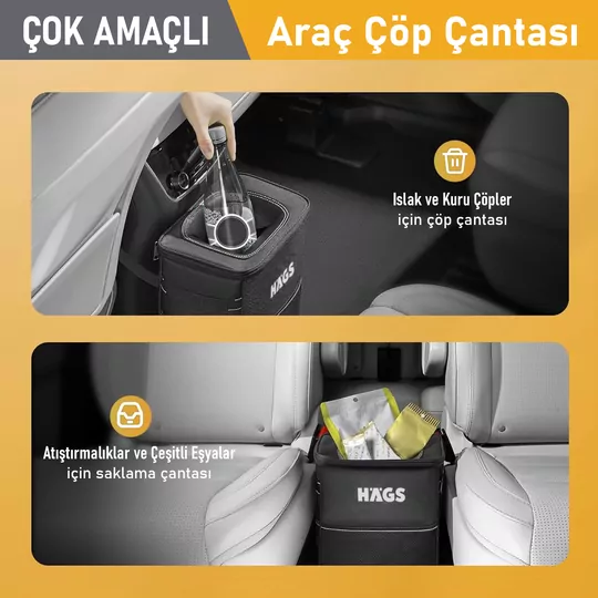HAEGS Araç içi Çöp Çantası, Araba Çöp Kovası - Oto Çöp Kutusu Kapaklı ve Saklama Cepli %100 Sızdırmaz Organizer Çanta, Su Geçirmez Oto Çöp Kutusu, Çok Amaçlı Araç içi Düzenleyici Çanta, 8 Lt - Siyah