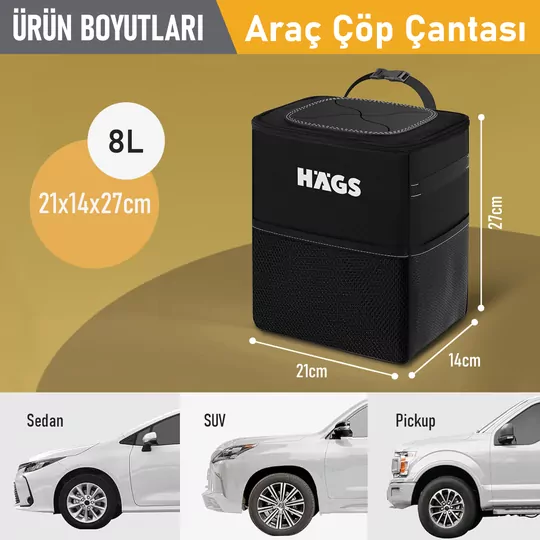 HAEGS Araç içi Çöp Çantası, Araba Çöp Kovası - Oto Çöp Kutusu Kapaklı ve Saklama Cepli %100 Sızdırmaz Organizer Çanta, Su Geçirmez Oto Çöp Kutusu, Çok Amaçlı Araç içi Düzenleyici Çanta, 8 Lt - Siyah
