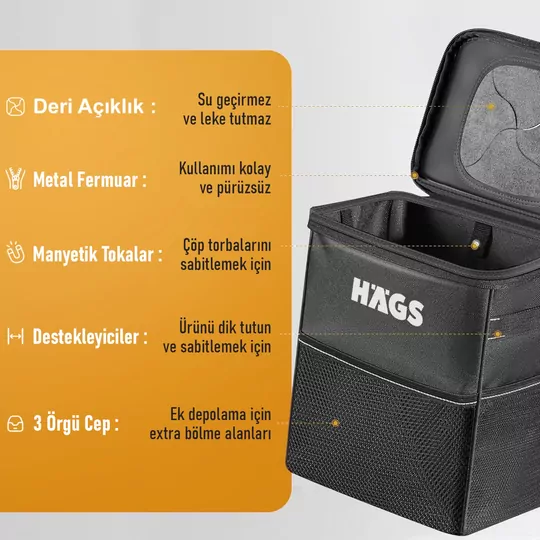 HAEGS Araç içi Çöp Çantası, Araba Çöp Kovası - Oto Çöp Kutusu Kapaklı ve Saklama Cepli %100 Sızdırmaz Organizer Çanta, Su Geçirmez Oto Çöp Kutusu, Çok Amaçlı Araç içi Düzenleyici Çanta, 8 Lt - Siyah