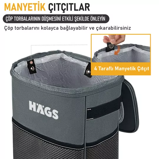 HAEGS Araç içi Çöp Çantası, Araba Çöp Kovası - Oto Çöp Kutusu Kapaklı ve Saklama Cepli %100 Sızdırmaz Organizer Çanta, Su Geçirmez Oto Çöp Kutusu, Çok Amaçlı Araç içi Düzenleyici Çanta, 8 Lt - Siyah