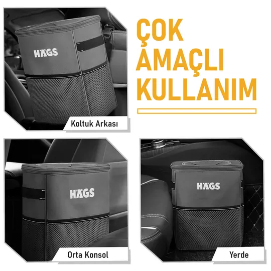HAEGS Araç içi Çöp Çantası, Araba Çöp Kovası - Oto Çöp Kutusu Kapaklı ve Saklama Cepli %100 Sızdırmaz Organizer Çanta, Su Geçirmez Oto Çöp Kutusu, Çok Amaçlı Araç içi Düzenleyici Çanta, 8 Lt - Siyah
