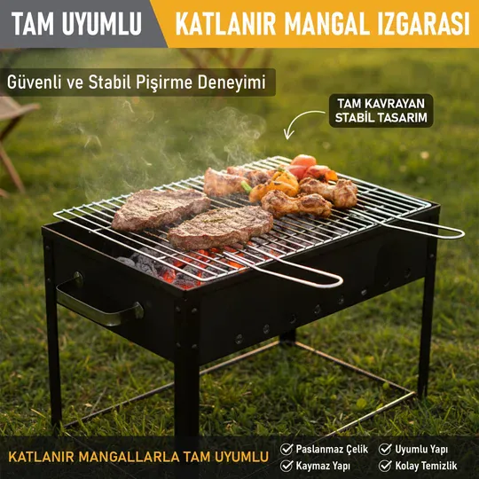 Haegs Mangal Izgara Teli, Yer Kaplamaz, Pratik Katlanır Kulplu, Tel Mangal Izgarası, Barbekü Grill Pişirme Teli, 26 x 34 cm
