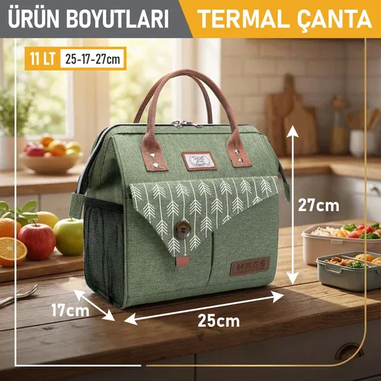 Haegs Kadın Termal Çanta, Yalıtımlı Yemek Taşıma, Bayan Yemek Kutusu, Kamp, Piknik, Ofis İçin 11L Yeşil