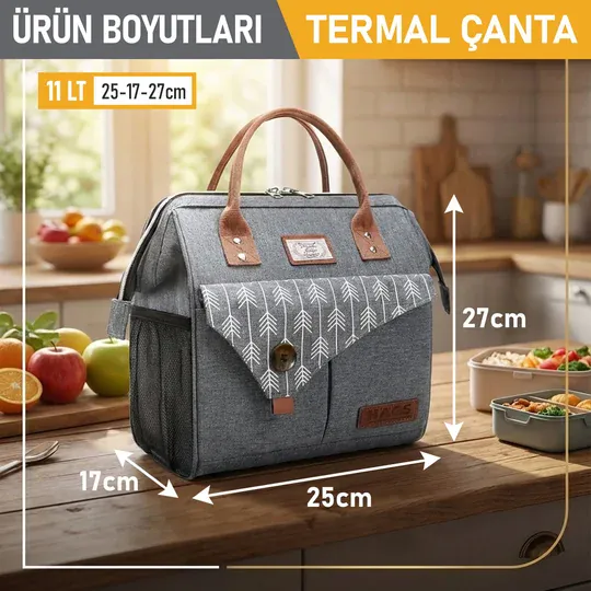 Haegs Kadın Termal Çanta, Yalıtımlı Yemek Taşıma, Bayan Beslenme Çantası, Sızdırmaz Beslenme Kutusu, Yetişkinler ve Çalışanlar İçin 11L Gri