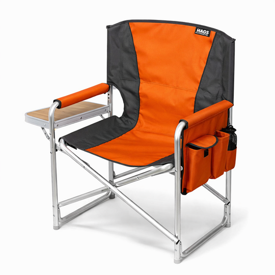Haegs Alüminyum Kamp Sandalyesi, Hafif Taşınabilir Katlanır Yönetmen Sandalyesi, Yan Sehpa ve Çıkarılabilir Yan Cep ile Açık Hava Kampı, Çim, Piknik, Bahçe, Teras, Balkon için Uygun, Turuncu
