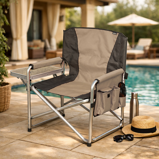 Haegs Alüminyum Kamp Sandalyesi, Hafif Taşınabilir Katlanır Yönetmen Sandalyesi, Yan Sehpa ve Çıkarılabilir Yan Cep ile Açık Hava Kampı, Çim, Piknik, Bahçe, Teras, Balkon için Uygun, Bej