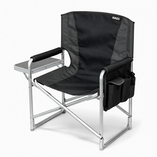 Haegs Alüminyum Kamp Sandalyesi, Hafif Taşınabilir Katlanır Yönetmen Sandalyesi, Yan Sehpa ve Çıkarılabilir Yan Cep ile Açık Hava Kampı, Çim, Piknik, Bahçe, Teras, Balkon için Uygun, Siyah