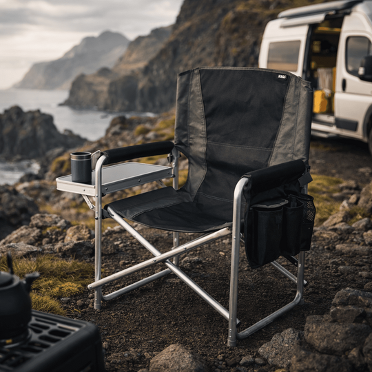 Haegs Alüminyum Kamp Sandalyesi, Hafif Taşınabilir Katlanır Yönetmen Sandalyesi, Yan Sehpa ve Çıkarılabilir Yan Cep ile Açık Hava Kampı, Çim, Piknik, Bahçe, Teras, Balkon için Uygun, Siyah