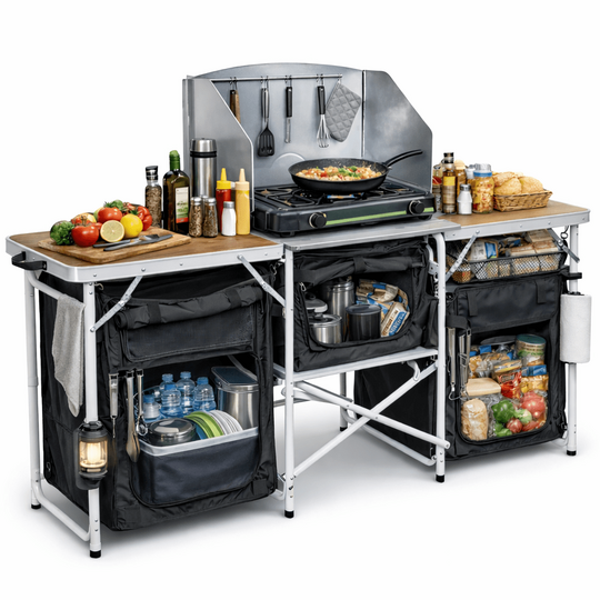 Haegs Kamp Mutfağı, Katlanır Alüminyum Kamp Mutfağı Tezgahı, Masası, Portatif Taşınabilir Açık Hava Yemek Pişirme İstasyonu, Saklama Dolabı ve Yan Masalar (3 Dolaplı - Hareli Ceviz Desenli)