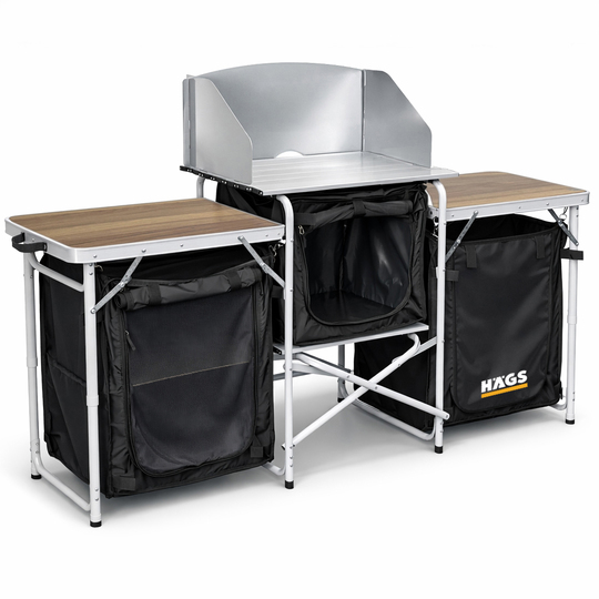 Haegs Kamp Mutfağı, Katlanır Alüminyum Kamp Mutfağı Tezgahı, Masası, Portatif Taşınabilir Açık Hava Yemek Pişirme İstasyonu, Saklama Dolabı ve Yan Masalar (3 Dolaplı - Hareli Ceviz Desenli)