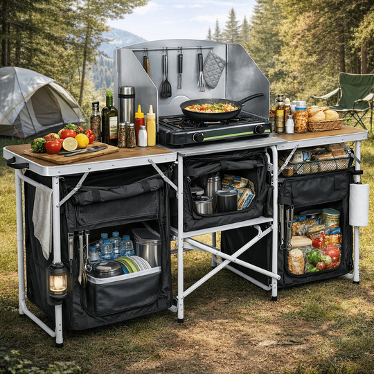 Haegs Kamp Mutfağı, Katlanır Alüminyum Kamp Mutfağı Tezgahı, Masası, Portatif Taşınabilir Açık Hava Yemek Pişirme İstasyonu, Saklama Dolabı ve Yan Masalar (3 Dolaplı - Hareli Ceviz Desenli)