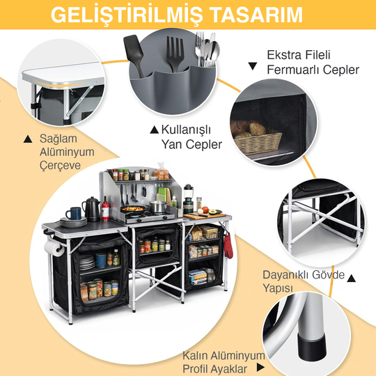 Haegs Kamp Mutfağı, Katlanır Alüminyum Kamp Mutfağı Tezgahı, Masası, Portatif Taşınabilir Açık Hava Yemek Pişirme İstasyonu, Saklama Dolabı ve Yan Masalar (3 Dolaplı - Hareli Ceviz Desenli)