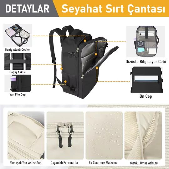 Haegs Seyahat Sırt Çantası, Laptop Sırt Çantası Hafif El Çantası Küçük Bavul Valiz, Uçak Onaylı Bagaj Çantası, Erkek ve Bayan İçin, 15.6 inç Notebook Dizüstü Bilgisayar Laptop Macbook Çantası, Siyah