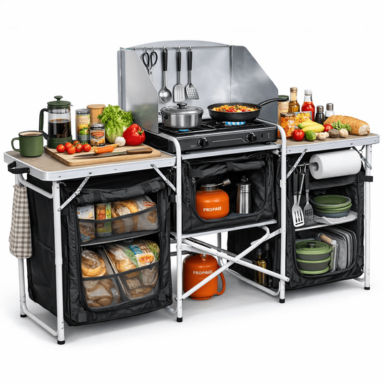 Haegs Kamp Mutfağı, Katlanır Alüminyum Kamp Mutfak Tezgahı Masası, Portatif Taşınabilir Açık Hava Yemek Pişirme İstasyonu, Saklama Dolabı ve Yan Masalar (3 Dolaplı - Kumaş Desenli)