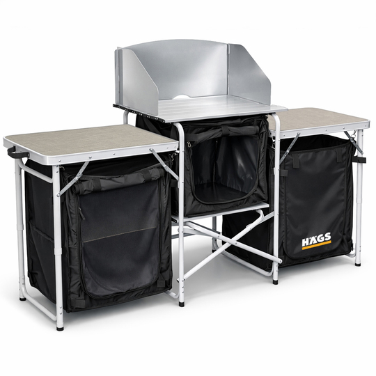 Haegs Kamp Mutfağı, Katlanır Alüminyum Kamp Mutfak Tezgahı Masası, Portatif Taşınabilir Açık Hava Yemek Pişirme İstasyonu, Saklama Dolabı ve Yan Masalar (3 Dolaplı - Kumaş Desenli)