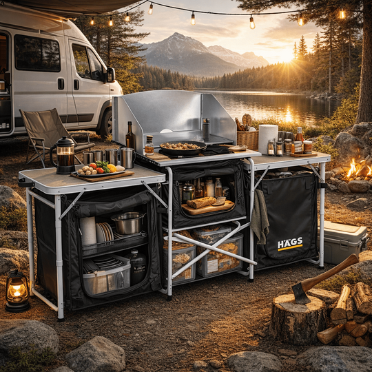 Haegs Kamp Mutfağı, Katlanır Alüminyum Kamp Mutfak Tezgahı Masası, Portatif Taşınabilir Açık Hava Yemek Pişirme İstasyonu, Saklama Dolabı ve Yan Masalar (3 Dolaplı - Kumaş Desenli)