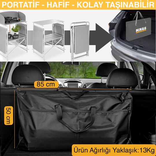 Haegs Kamp Mutfağı, Katlanır Alüminyum Kamp Mutfak Tezgahı Masası, Portatif Taşınabilir Açık Hava Yemek Pişirme İstasyonu, Saklama Dolabı ve Yan Masalar (3 Dolaplı - Kumaş Desenli)