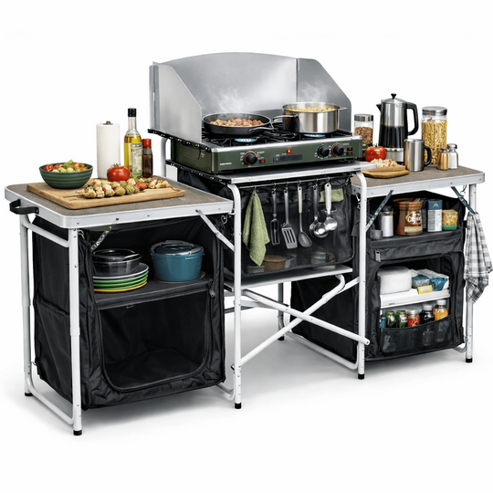 Haegs Kamp Mutfağı, Katlanır Alüminyum Kamp Mutfak Tezgah Masası, Portatif Taşınabilir Açık Hava Yemek Pişirme İstasyonu, Saklama Dolabı ve Yan Masalar (3 Dolaplı - Mermer Desenli)