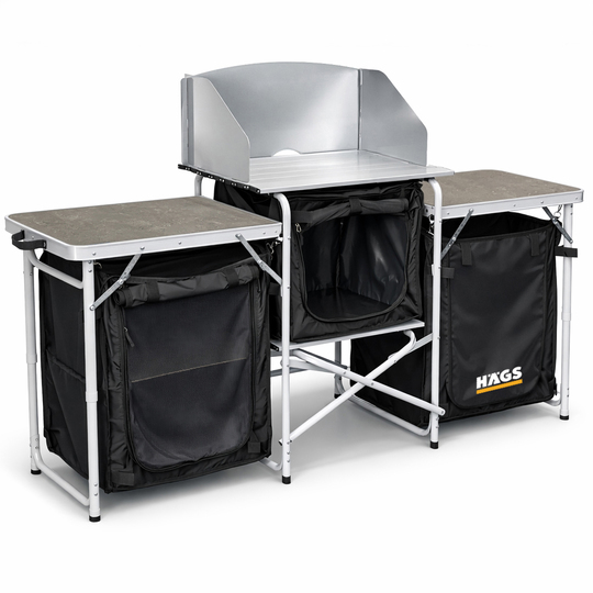 Haegs Kamp Mutfağı, Katlanır Alüminyum Kamp Mutfak Tezgah Masası, Portatif Taşınabilir Açık Hava Yemek Pişirme İstasyonu, Saklama Dolabı ve Yan Masalar (3 Dolaplı - Mermer Desenli)