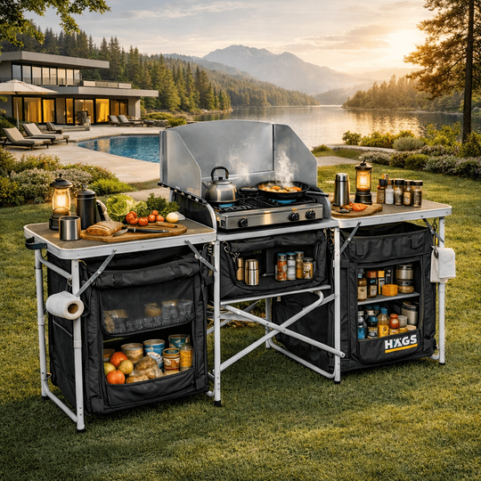 Haegs Kamp Mutfağı, Katlanır Alüminyum Kamp Mutfak Tezgah Masası, Portatif Taşınabilir Açık Hava Yemek Pişirme İstasyonu, Saklama Dolabı ve Yan Masalar (3 Dolaplı - Mermer Desenli)