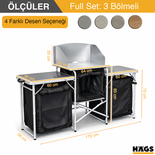 Haegs Kamp Mutfağı, Katlanır Alüminyum Kamp Mutfak Tezgah Masası, Portatif Taşınabilir Açık Hava Yemek Pişirme İstasyonu, Saklama Dolabı ve Yan Masalar (3 Dolaplı - Mermer Desenli)