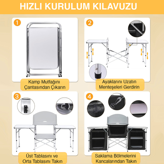 Haegs Kamp Mutfağı, Katlanır Alüminyum Kamp Mutfak Tezgah Masası, Portatif Taşınabilir Açık Hava Yemek Pişirme İstasyonu, Saklama Dolabı ve Yan Masalar (3 Dolaplı - Mermer Desenli)