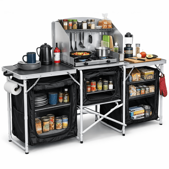 Haegs Kamp Mutfağı, Katlanır Alüminyum Kamp Masası Mutfak Tezgahı, Portatif Taşınabilir Açık Hava Yemek Pişirme İstasyonu, Saklama Dolabı ve Yan Masalar (3 Dolaplı - Antrasit)