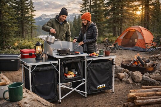 Haegs Kamp Mutfağı, Katlanır Alüminyum Kamp Masası Mutfak Tezgahı, Portatif Taşınabilir Açık Hava Yemek Pişirme İstasyonu, Saklama Dolabı ve Yan Masalar (3 Dolaplı - Antrasit)