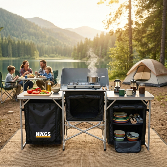 Haegs Kamp Mutfağı, Katlanır Alüminyum Kamp Masası Mutfak Tezgahı, Portatif Taşınabilir Açık Hava Yemek Pişirme İstasyonu, Saklama Dolabı ve Yan Masalar (3 Dolaplı - Antrasit)