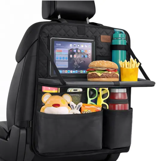 Araç Koltuk Arkası Düzenleyici, Araç içi Organizer Düzenleyici, Katlanır Sehpalı, Çocuk Tekmeleri için çok Fonksiyonlu Araba Koltuğu Sırt Koruyucu Paspas Mat, Tablet Bölmeli ve Çok Sayıda Cepli, Siyah