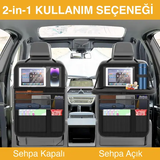 Araç Koltuk Arkası Düzenleyici, Araç içi Organizer Düzenleyici, Katlanır Sehpalı, Çocuk Tekmeleri için çok Fonksiyonlu Araba Koltuğu Sırt Koruyucu Paspas Mat, Tablet Bölmeli ve Çok Sayıda Cepli, Siyah
