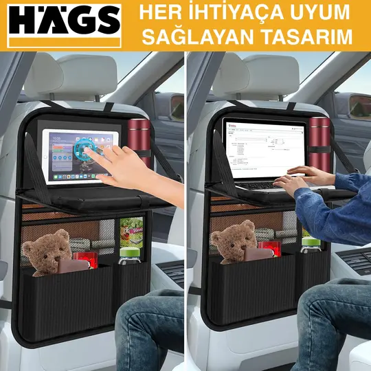 Araç Koltuk Arkası Düzenleyici, Araç içi Organizer Düzenleyici, Katlanır Sehpalı, Çocuk Tekmeleri için çok Fonksiyonlu Araba Koltuğu Sırt Koruyucu Paspas Mat, Tablet Bölmeli ve Çok Sayıda Cepli, Siyah