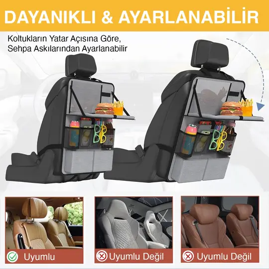 Araç Koltuk Arkası Düzenleyici, Araç içi Organizer Düzenleyici, Katlanır Sehpalı, Çocuk Tekmeleri için çok Fonksiyonlu Araba Koltuğu Sırt Koruyucu Paspas Mat, Tablet Bölmeli ve Çok Sayıda Cepli, Siyah