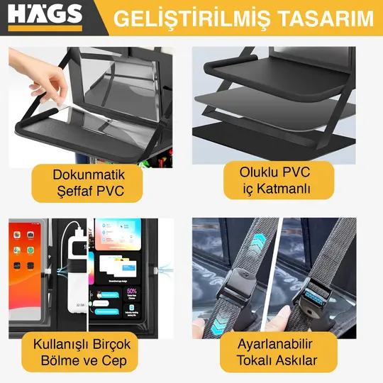 Araç Koltuk Arkası Düzenleyici, Araç içi Organizer Düzenleyici, Katlanır Sehpalı, Çocuk Tekmeleri için çok Fonksiyonlu Araba Koltuğu Sırt Koruyucu Paspas Mat, Tablet Bölmeli ve Çok Sayıda Cepli, Siyah