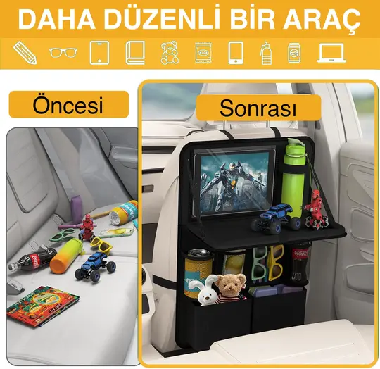 Araç Koltuk Arkası Düzenleyici, Araç içi Organizer Düzenleyici, Katlanır Sehpalı, Çocuk Tekmeleri için çok Fonksiyonlu Araba Koltuğu Sırt Koruyucu Paspas Mat, Tablet Bölmeli ve Çok Sayıda Cepli, Siyah