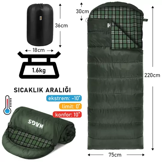 Haegs Uyku Tulumu, Flanel, Battaniye, Kamp Uyku Tulumu, Outdoor Dış Mekan, 3 - 4 Mevsim, Yazlık Uyku Tulumu - Kış Uyku Tulumu, Ultra Hafif, Sıcak ve Kompakt - Flanel -Haki