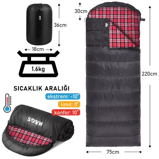 Haegs Uyku Tulumu, Flanel, Battaniye, Kamp Uyku Tulumu, Outdoor Dış Mekan, 3 - 4 Mevsim, Yazlık Uyku Tulumu - Kış Uyku Tulumu, Ultra Hafif, Sıcak ve Kompakt - Flanel -Siyah