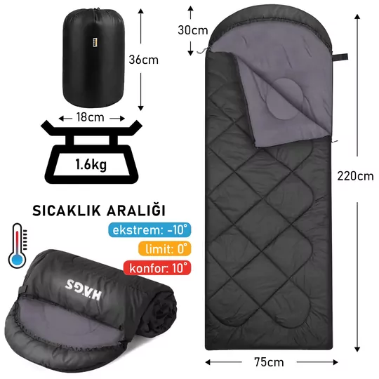 Haegs Uyku Tulumu, Polar, Battaniye, Kamp Uyku Tulumu, Outdoor Dış Mekan, 3 - 4 Mevsim, Yazlık Uyku Tulumu - Kış Uyku Tulumu, Ultra Hafif, Sıcak ve Kompakt - Polar -Siyah