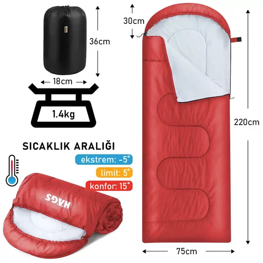 Haegs Uyku Tulumu, Battaniye, Kamp Uyku Tulumu, Outdoor Dış Mekan Çadır Karavan, 3 - 4 Mevsim, Yazlık Uyku Tulumu - Kış Uyku Tulumu, Ultra Hafif, Sıcak ve Kompakt - Kırmızı
