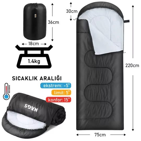 Haegs Uyku Tulumu, Battaniye, Kamp Uyku Tulumu, Outdoor Dış Mekan Çadır Karavan, 3 - 4 Mevsim, Yazlık Uyku Tulumu - Kış Uyku Tulumu, Ultra Hafif, Sıcak ve Kompakt - Siyah