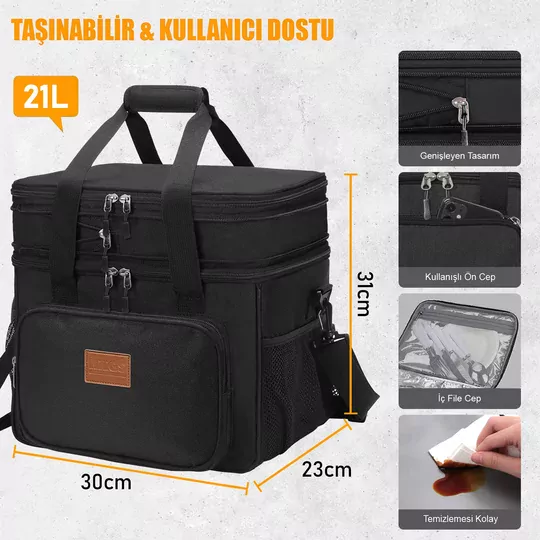 HAEGS Körüklü Termal Termos Çanta, Çift Bölmeli, Genişleyebilen Soğuk Sıcak Tutucu Yalıtımlı Beslenme Çantası, Soğutucu Buzluk Yemek Taşıma Çantası 21L - Gri