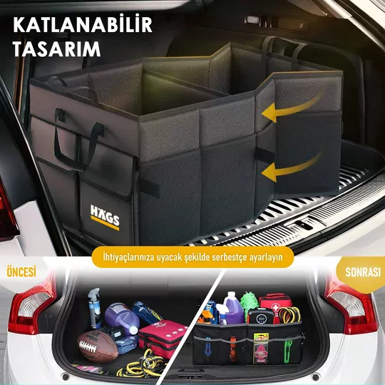 Haegs Araba Bagaj Çantası, Araç içi Düzenleyici Organizer, Katlanabilir Oto Bagaj Düzenleyici, Oto Aksesuarları, Sağlam Araba Alet Eşya Düzenleyici - 65 Lt- Gri