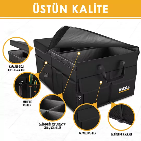 Haegs Araba Bagaj Çantası, Araç içi Düzenleyici Organizer, Katlanabilir Oto Bagaj Düzenleyici, Oto Aksesuarları, Sağlam Araba Alet Eşya Düzenleyici - 65 Lt- Siyah