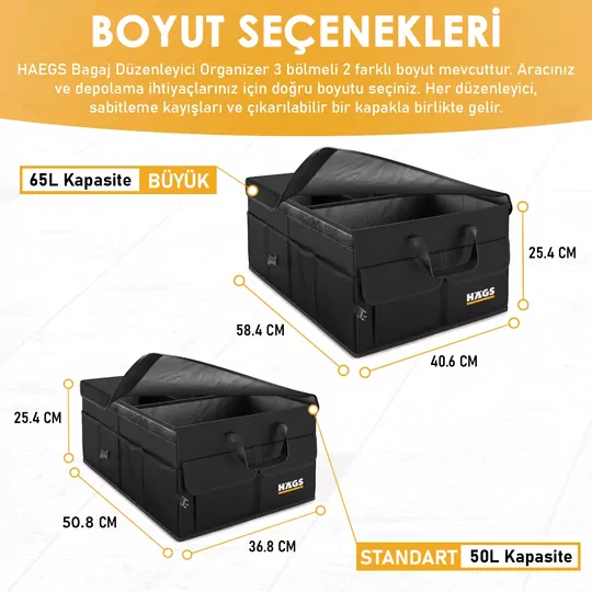 Haegs Araba Bagaj Çantası, Araç içi Düzenleyici Organizer, Katlanabilir Oto Bagaj Düzenleyici, Oto Aksesuarları, Sağlam Araba Alet Eşya Düzenleyici - 50 Lt- Gri