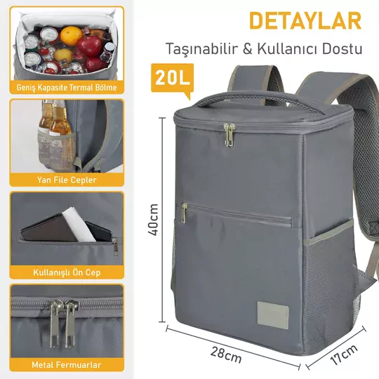 Haegs Termal Sırt Çantası Yalıtımlı Termos Soğutucu Çanta, Erkek Kadın Buzluk Çanta Soğutucu, Kamp Plaj Balıkçılık Öğle Yemeği Piknik Beslenme Yemek Taşıma Çantası Duman Gri