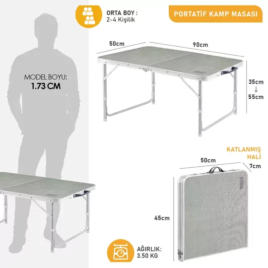 Haegs Portatif Kamp Masası, 2 Yükseklik Ayarlı, Katlanır Piknik Masası, Kolay Taşınabilir Alüminyum Masa - 90x50 - Antrasit