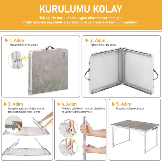 Haegs Portatif Kamp Masası, 2 Yükseklik Ayarlı, Katlanır Piknik Masası, Kolay Taşınabilir Alüminyum Masa - 90x50 - Antrasit