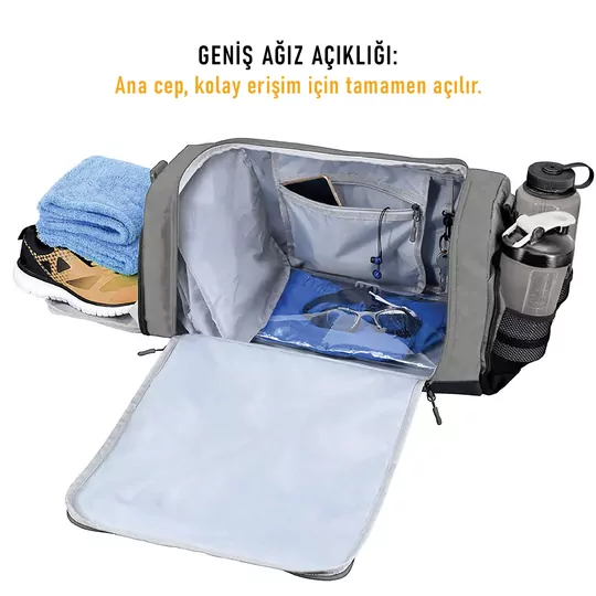 HAEGS Spor Çantası, 10 Cepli, Ayakkabı bölmeli, Su Geçirmez Islak Eşya Keseli, Organizer Tasarımlı Dayanıklı Bay Bayan Seyahat Çantası, Gym, Fitness Çantası, Medium - Gri