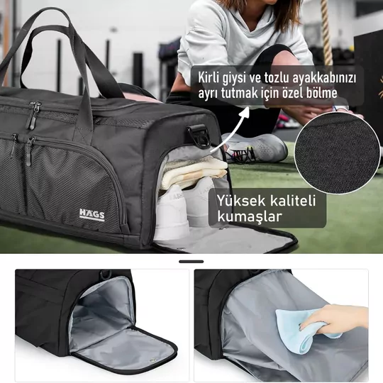HAEGS Spor Çantası, 10 Cepli, Ayakkabı bölmeli, Su Geçirmez Islak Eşya Keseli, Organizer Tasarımlı Dayanıklı Bay Bayan Seyahat Çantası, Gym, Fitness Çantası, Medium - Gri